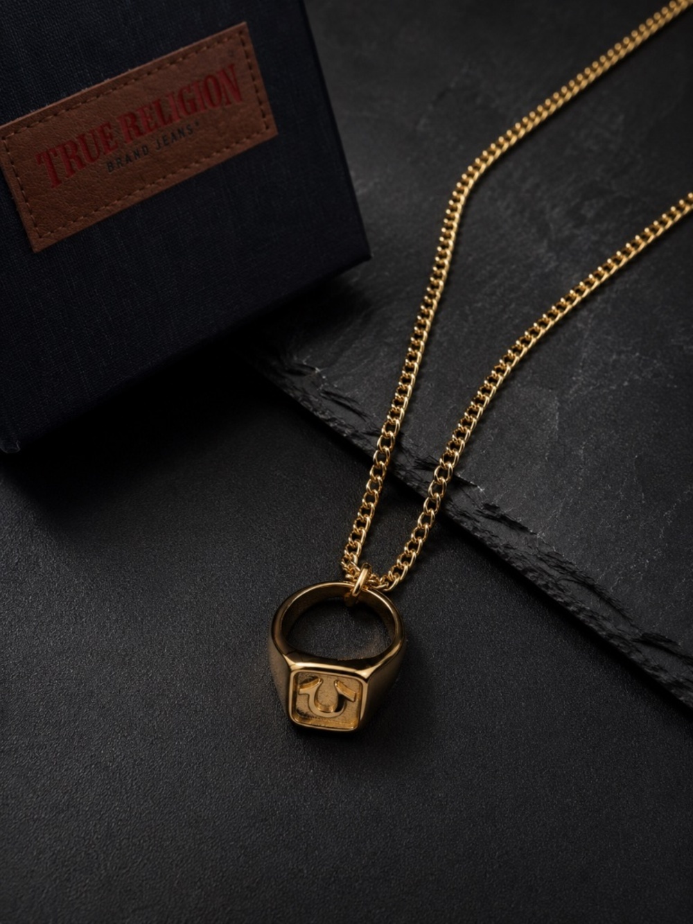 NWT True Religion Men's Gold Tone Ring Pendant Necklace Stainless Steel 20+2"